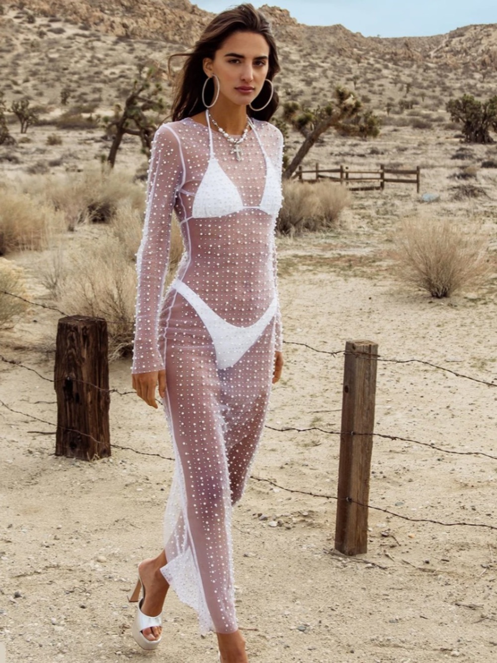 Beach Bunny White Pearl-Embellished Mesh Coverup Dress